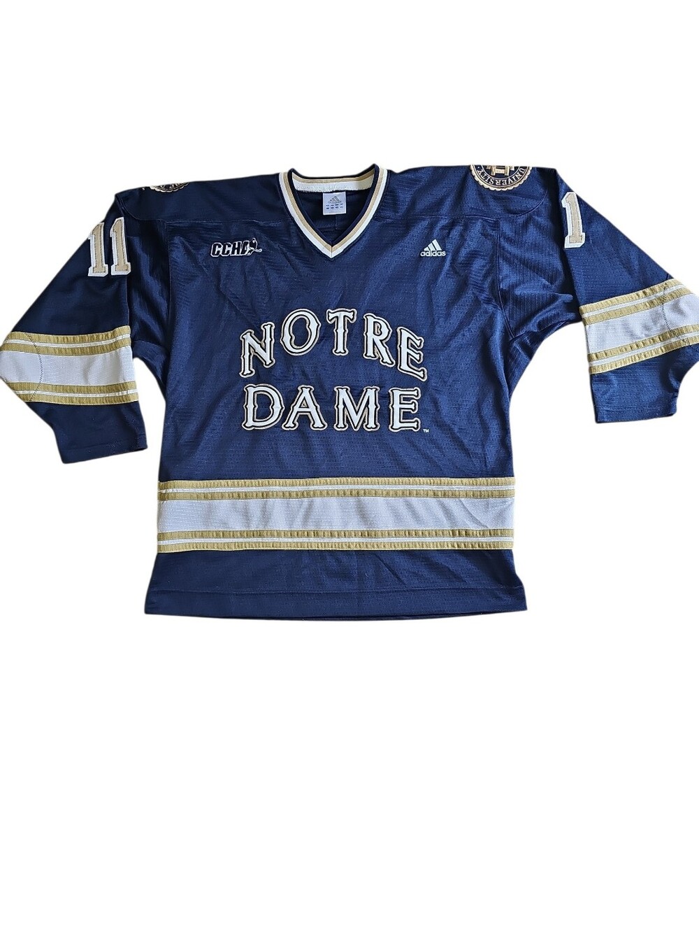 VTG Notre Dame Fighting Irish Hockey Jersey L CCHA Adidas Blue Gold Stitched EUC